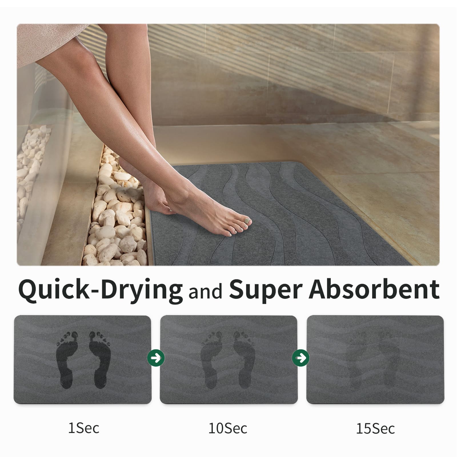 Person stepping onto a gray bath stone mat in a shower, with text indicating quick-drying and super absorbent properties.