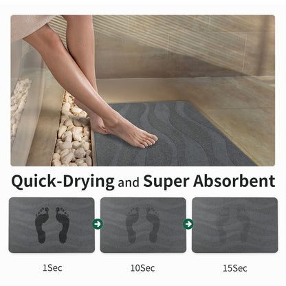 Person stepping onto a gray bath stone mat in a shower, with text indicating quick-drying and super absorbent properties.