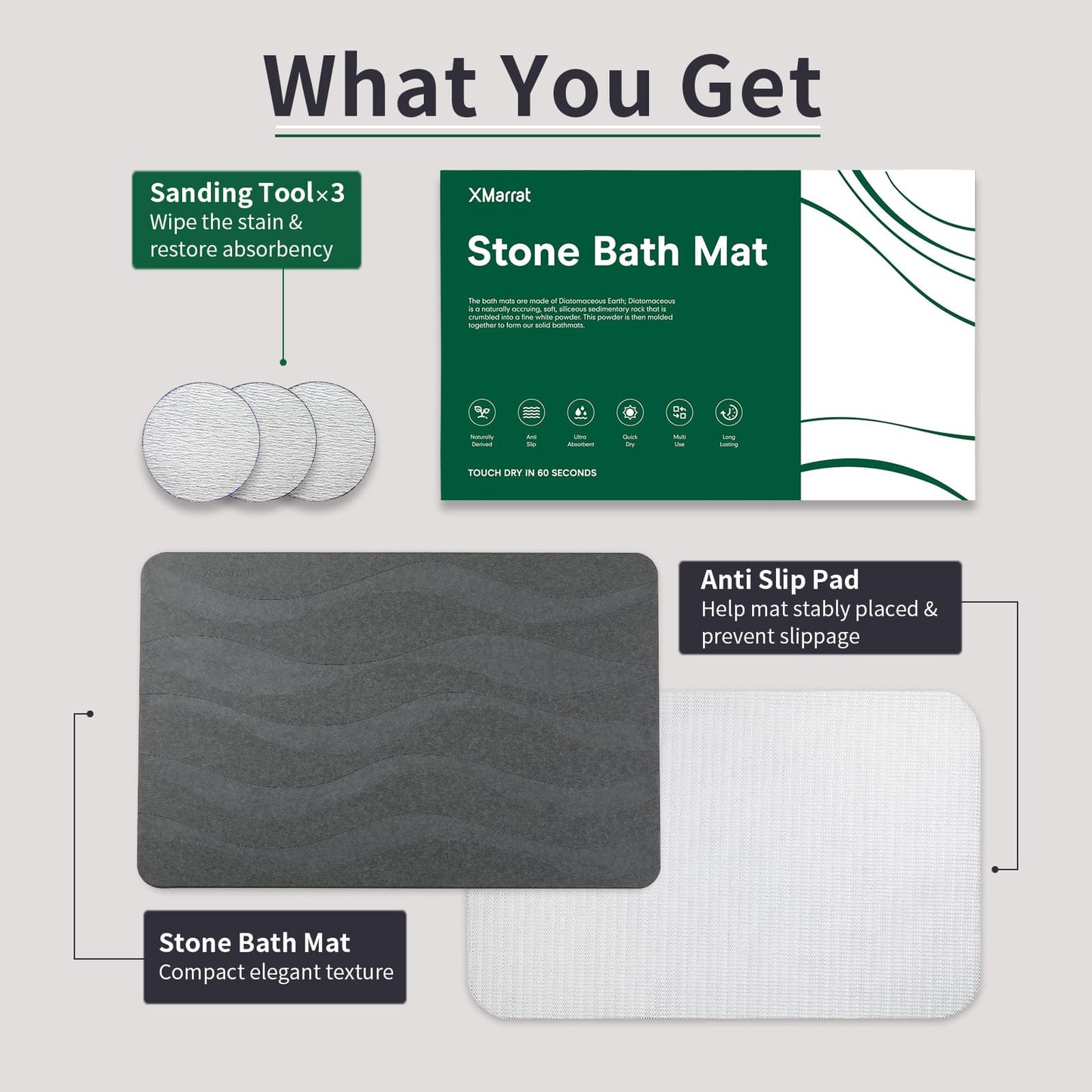 Stone bath mat with sanding tool and anti-slip pad