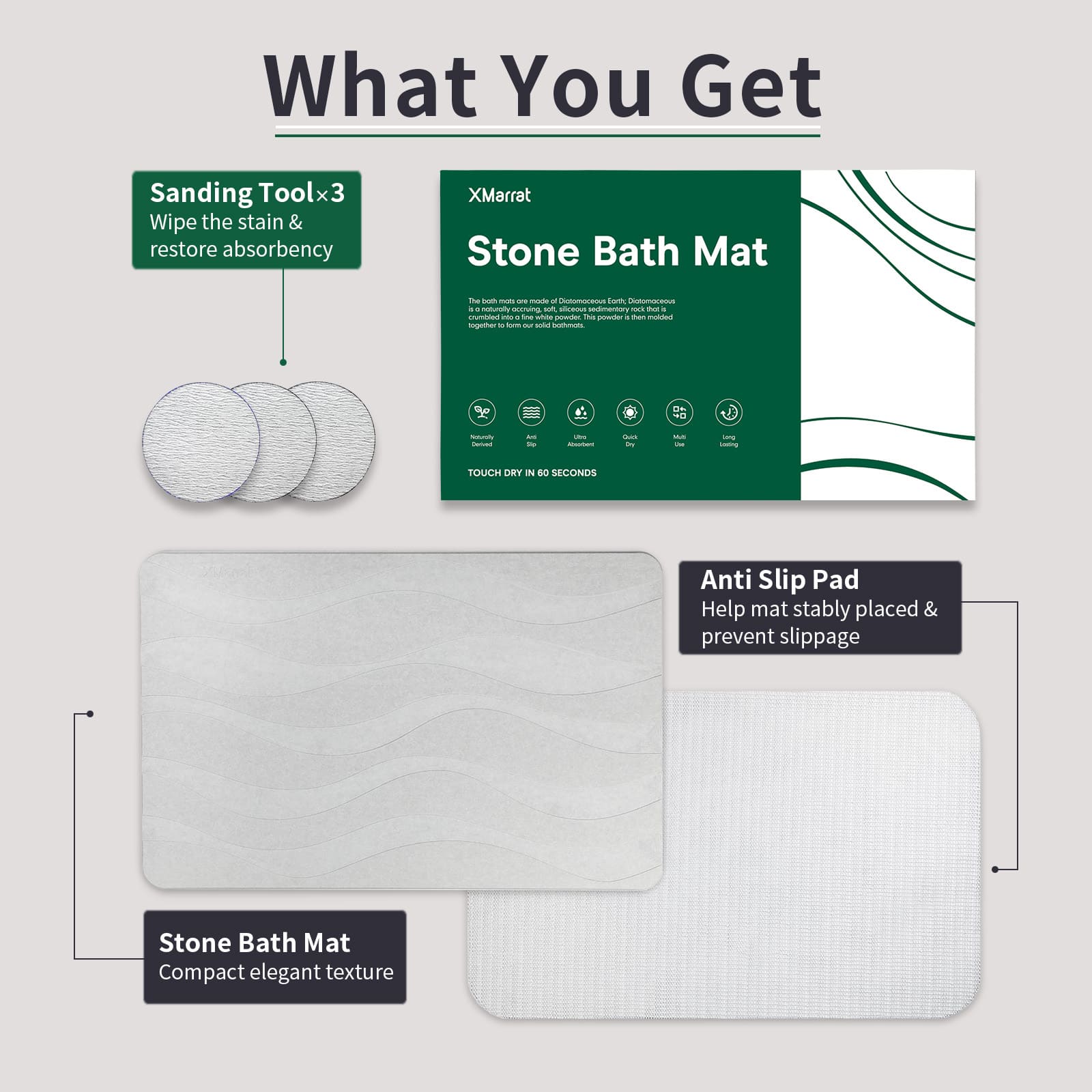 Stone bath mat with sanding tool and anti-slip pad.
