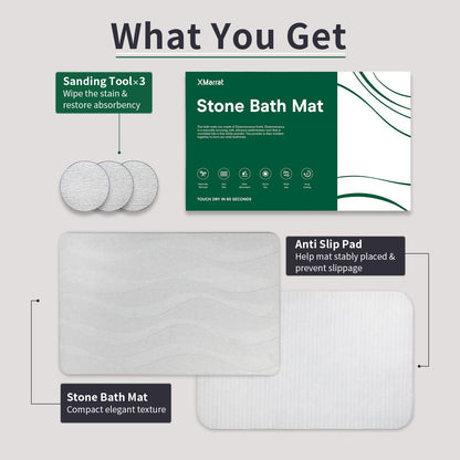 Stone bath mat with sanding tool and anti-slip pad.
