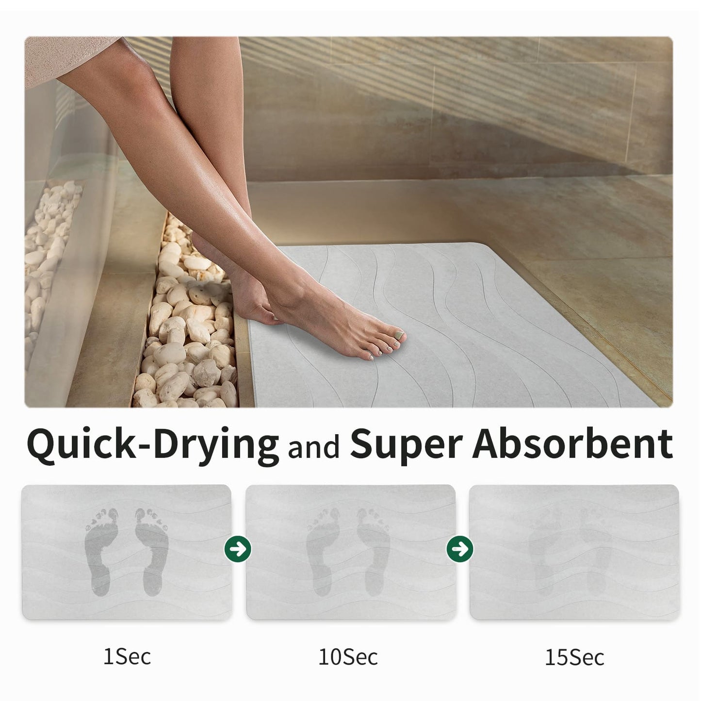 Person stepping onto a quick-drying and super absorbent mat in a bathroom setting.